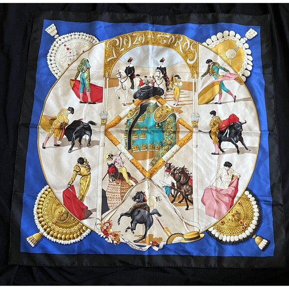 Vintage HERMES Silk Scarf Plaza de Toros Carre 90 by Hubert de Watrigant 35 x 35 - Picture 1 of 16